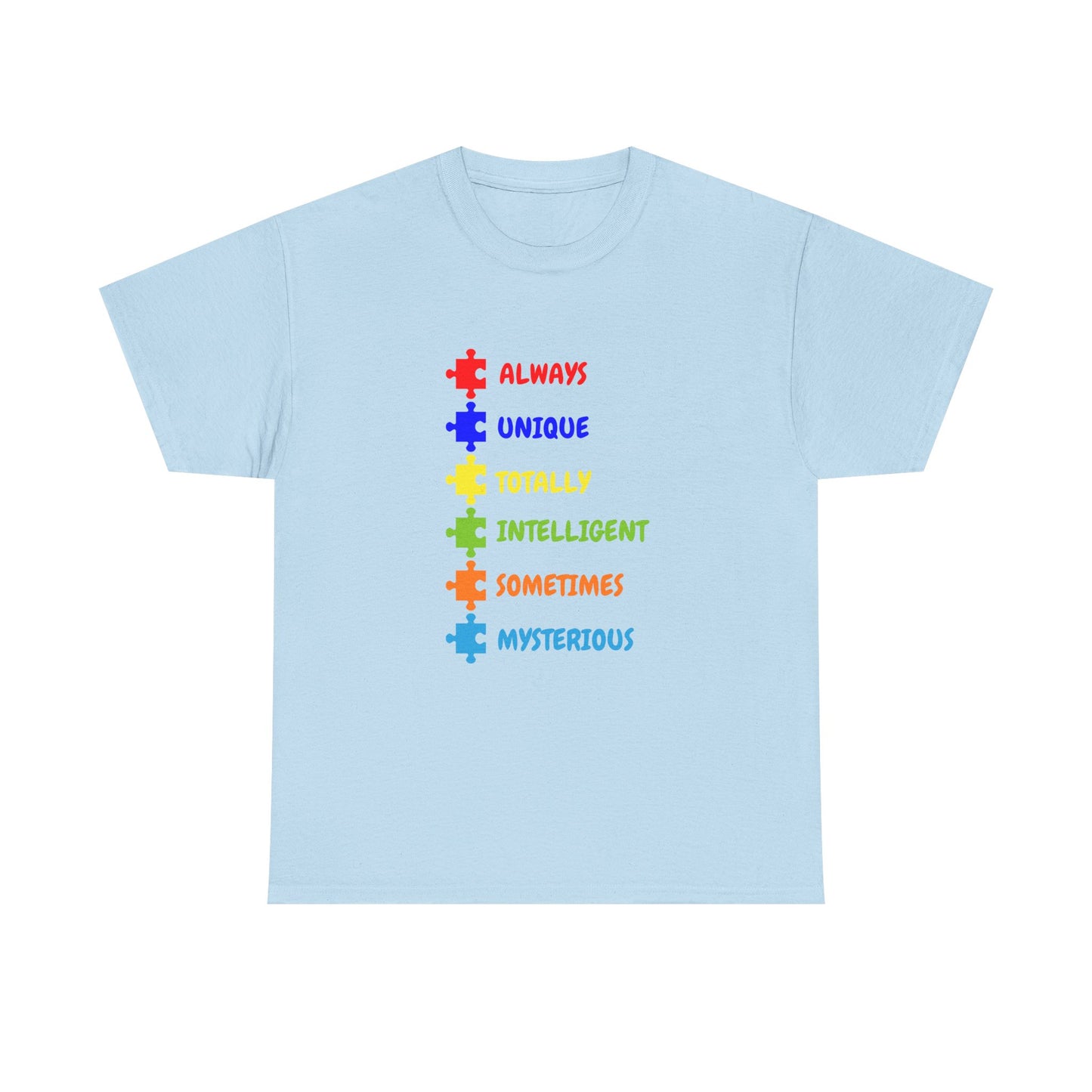 Autism Pride Puzzle Words T-Shirt - "Always Unique Totally Intelligent Sometimes Mysterious"