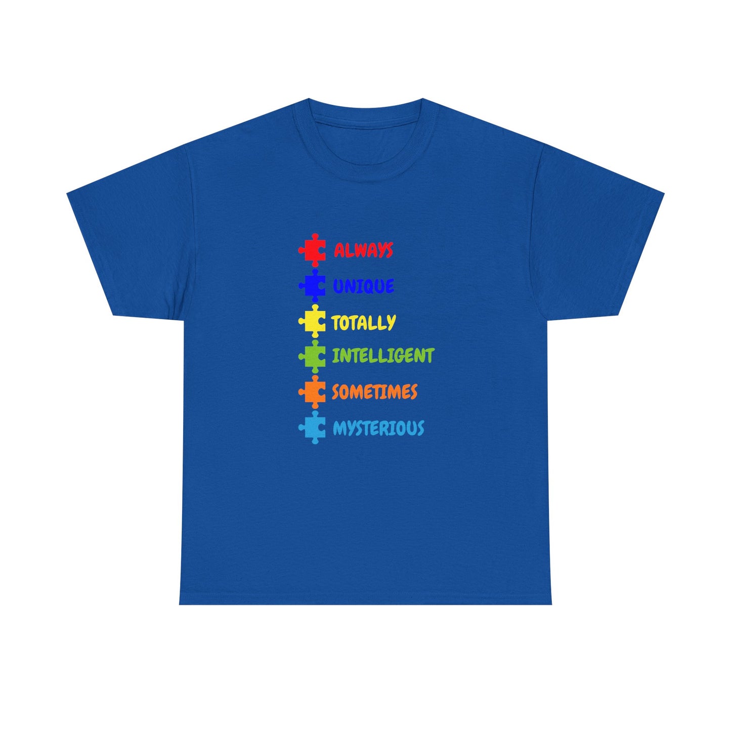 Autism Pride Puzzle Words T-Shirt - "Always Unique Totally Intelligent Sometimes Mysterious"