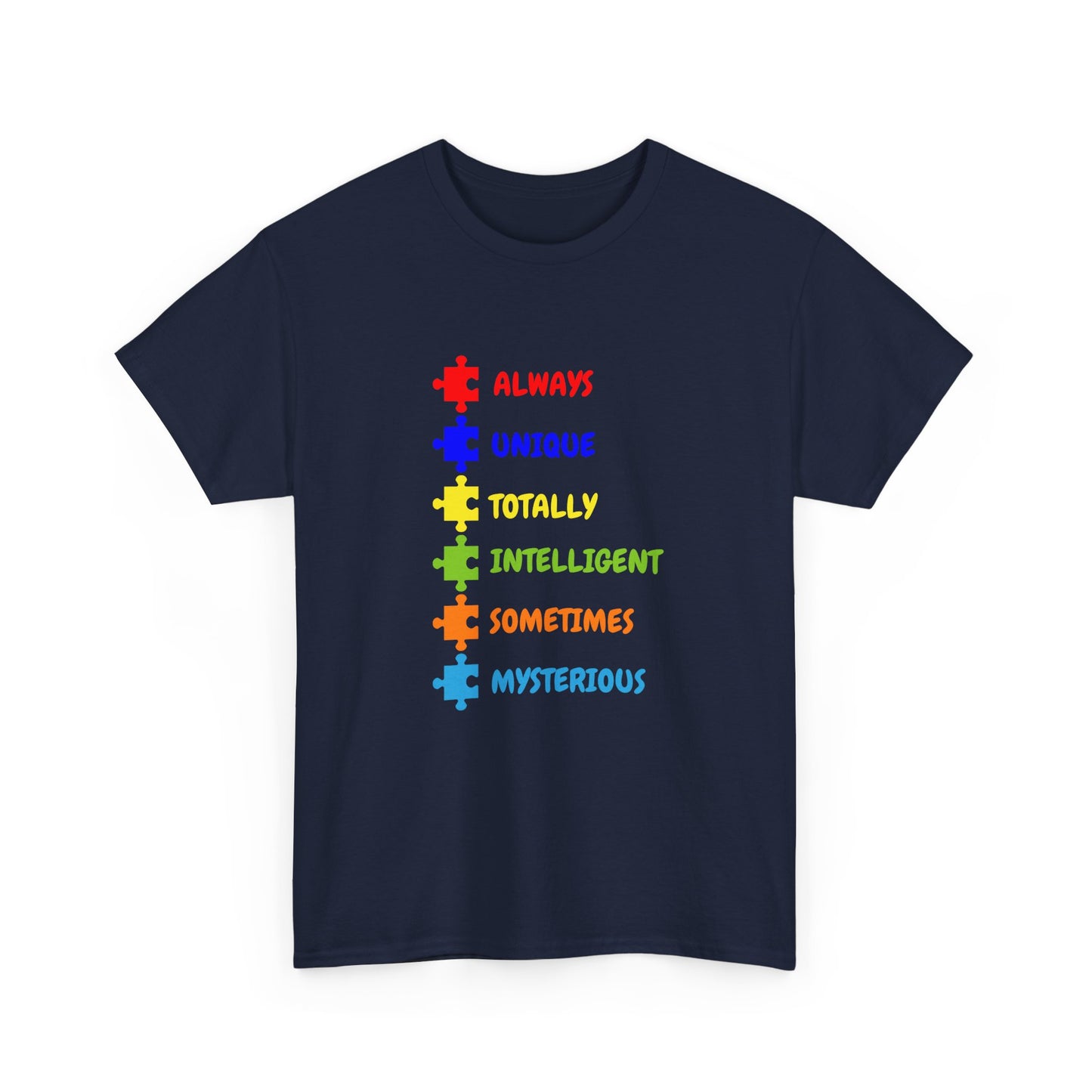 Autism Pride Puzzle Words T-Shirt - "Always Unique Totally Intelligent Sometimes Mysterious"
