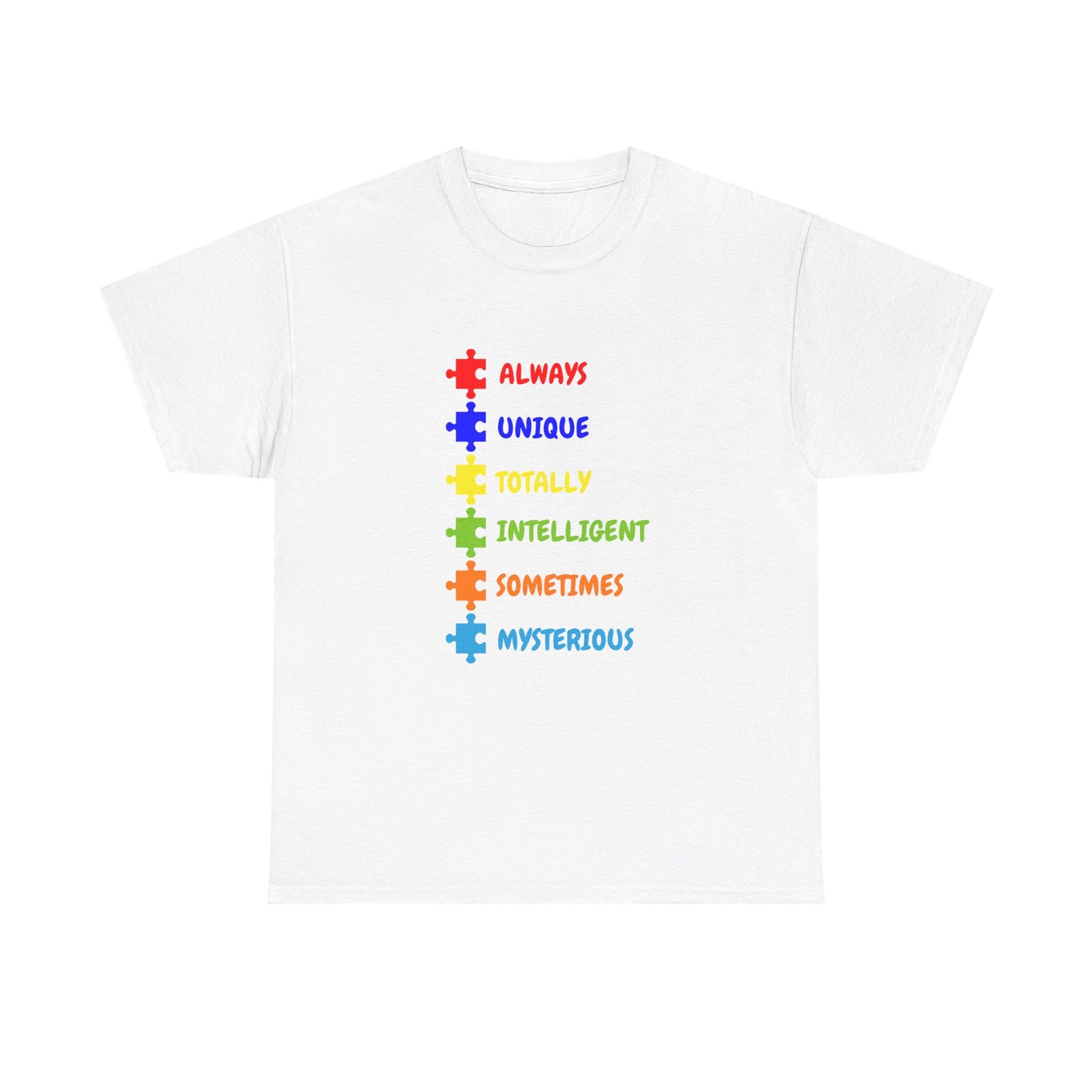 Autism Pride Puzzle Words T-Shirt - "Always Unique Totally Intelligent Sometimes Mysterious"
