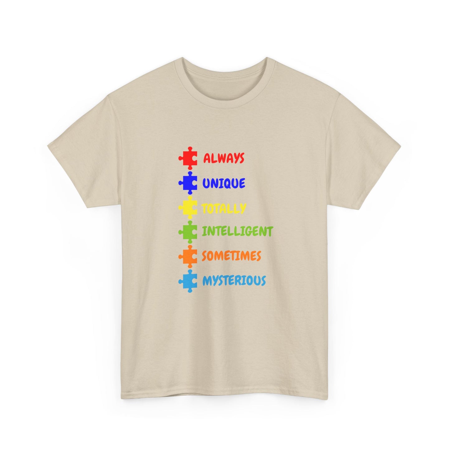 Autism Pride Puzzle Words T-Shirt - "Always Unique Totally Intelligent Sometimes Mysterious"