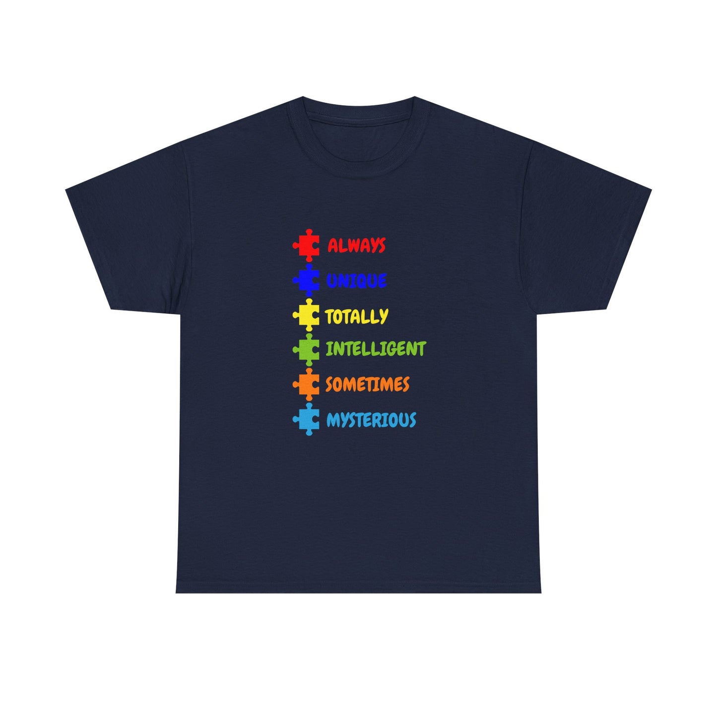 Autism Pride Puzzle Words T-Shirt - "Always Unique Totally Intelligent Sometimes Mysterious"