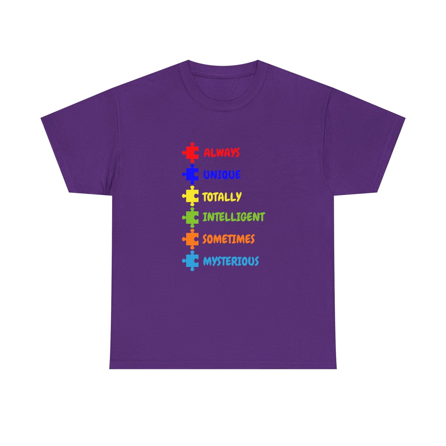 Autism Pride Puzzle Words T-Shirt - "Always Unique Totally Intelligent Sometimes Mysterious"