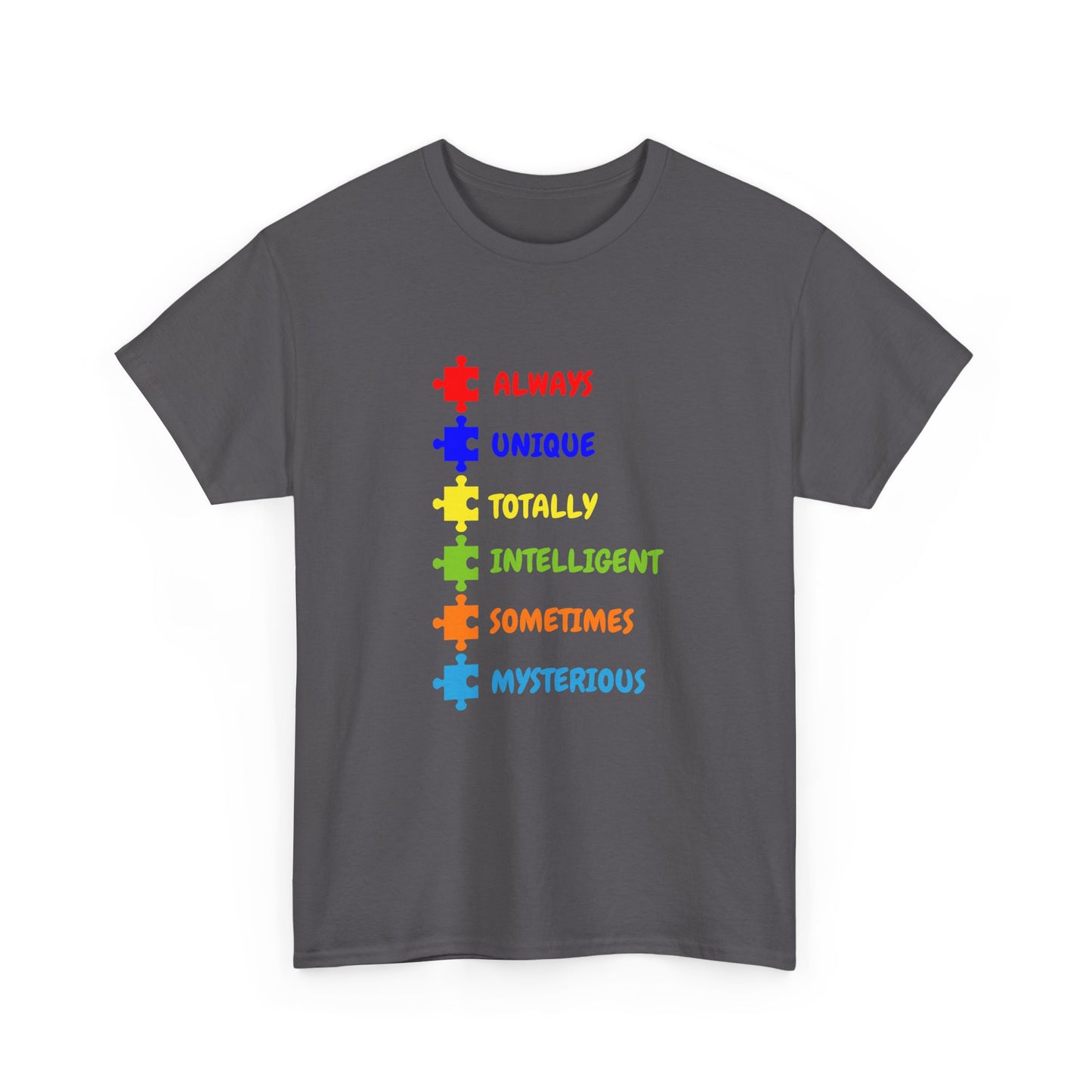 Autism Pride Puzzle Words T-Shirt - "Always Unique Totally Intelligent Sometimes Mysterious"
