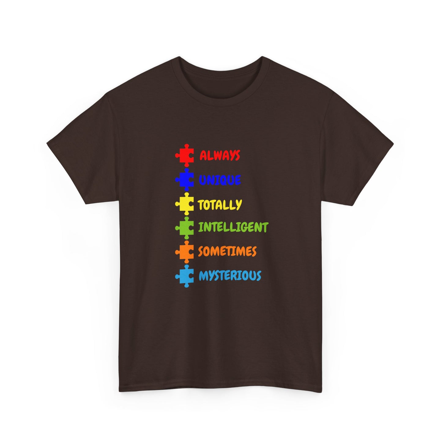 Autism Pride Puzzle Words T-Shirt - "Always Unique Totally Intelligent Sometimes Mysterious"