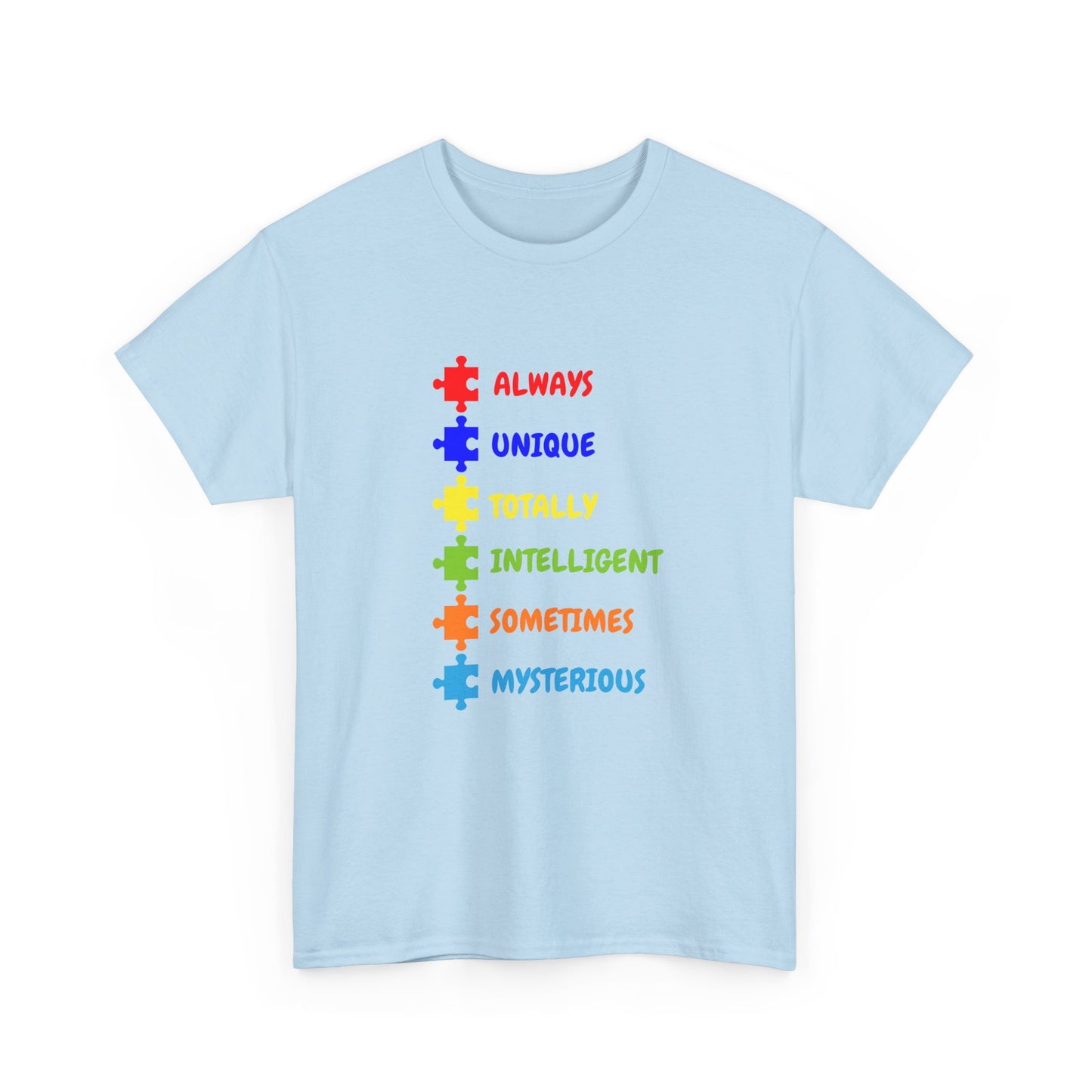 Autism Pride Puzzle Words T-Shirt - "Always Unique Totally Intelligent Sometimes Mysterious"