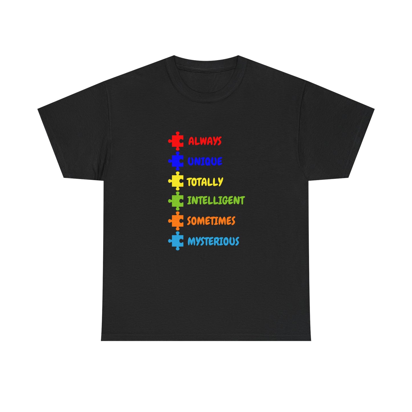 Autism Pride Puzzle Words T-Shirt - "Always Unique Totally Intelligent Sometimes Mysterious"