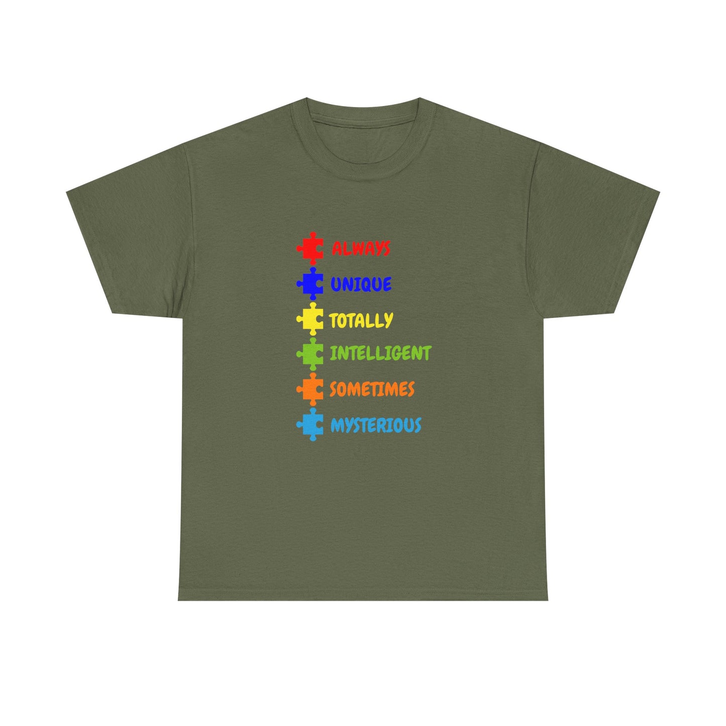 Autism Pride Puzzle Words T-Shirt - "Always Unique Totally Intelligent Sometimes Mysterious"