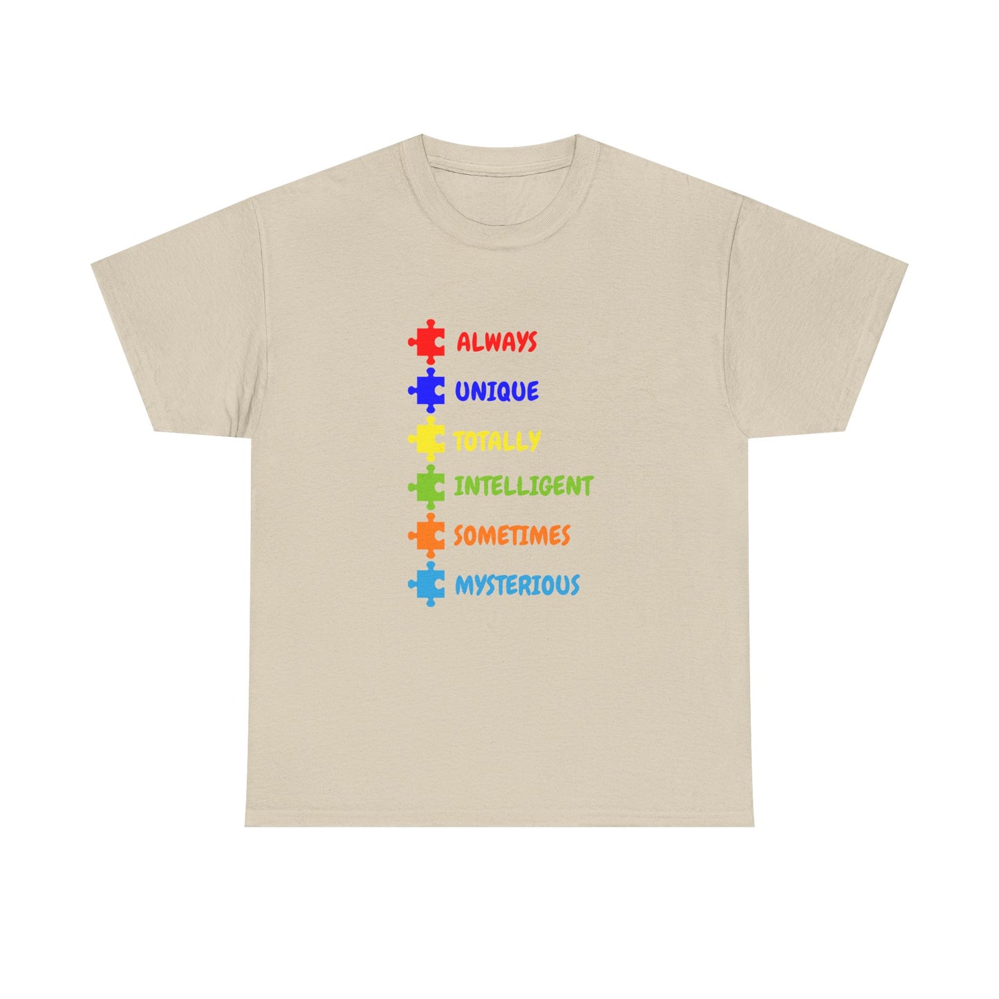 Autism Pride Puzzle Words T-Shirt - "Always Unique Totally Intelligent Sometimes Mysterious"