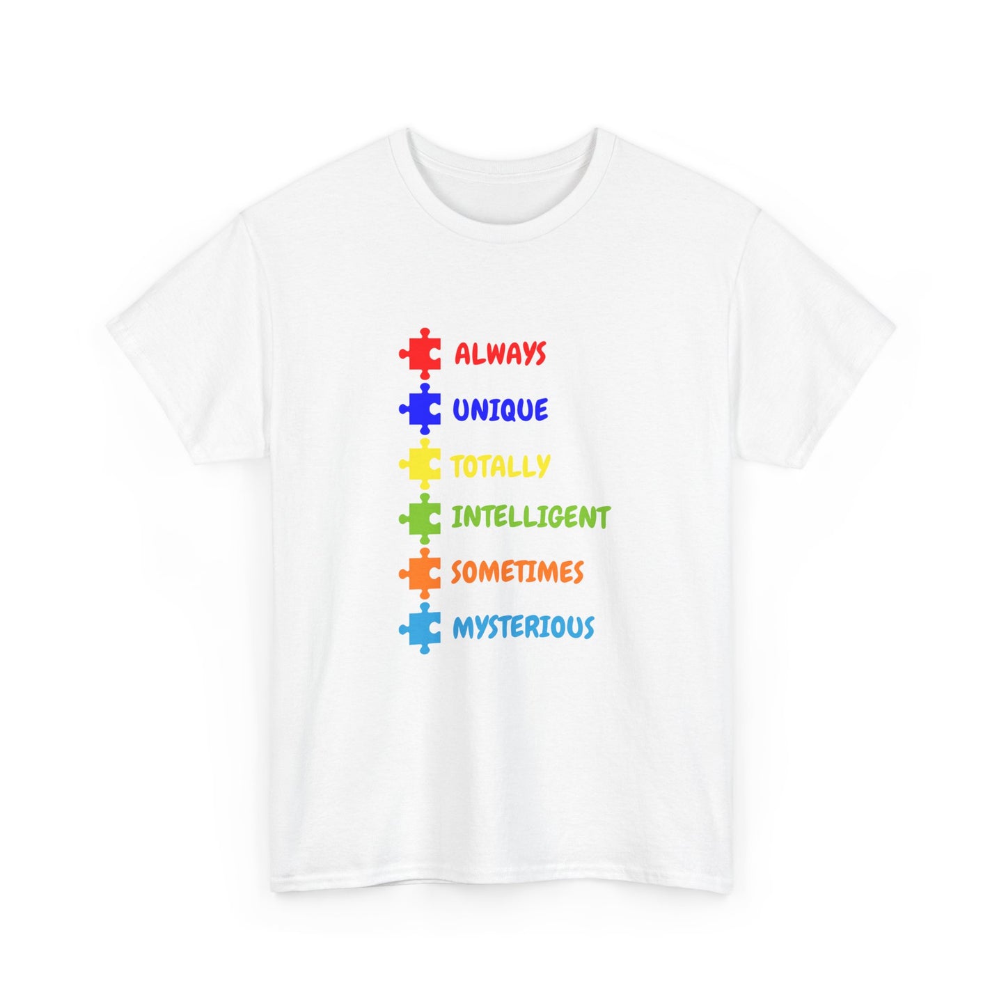 Autism Pride Puzzle Words T-Shirt - "Always Unique Totally Intelligent Sometimes Mysterious"
