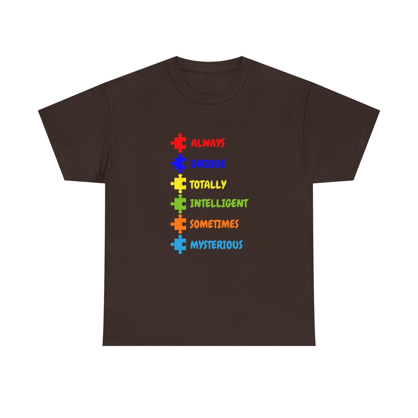 Autism Pride Puzzle Words T-Shirt - "Always Unique Totally Intelligent Sometimes Mysterious"