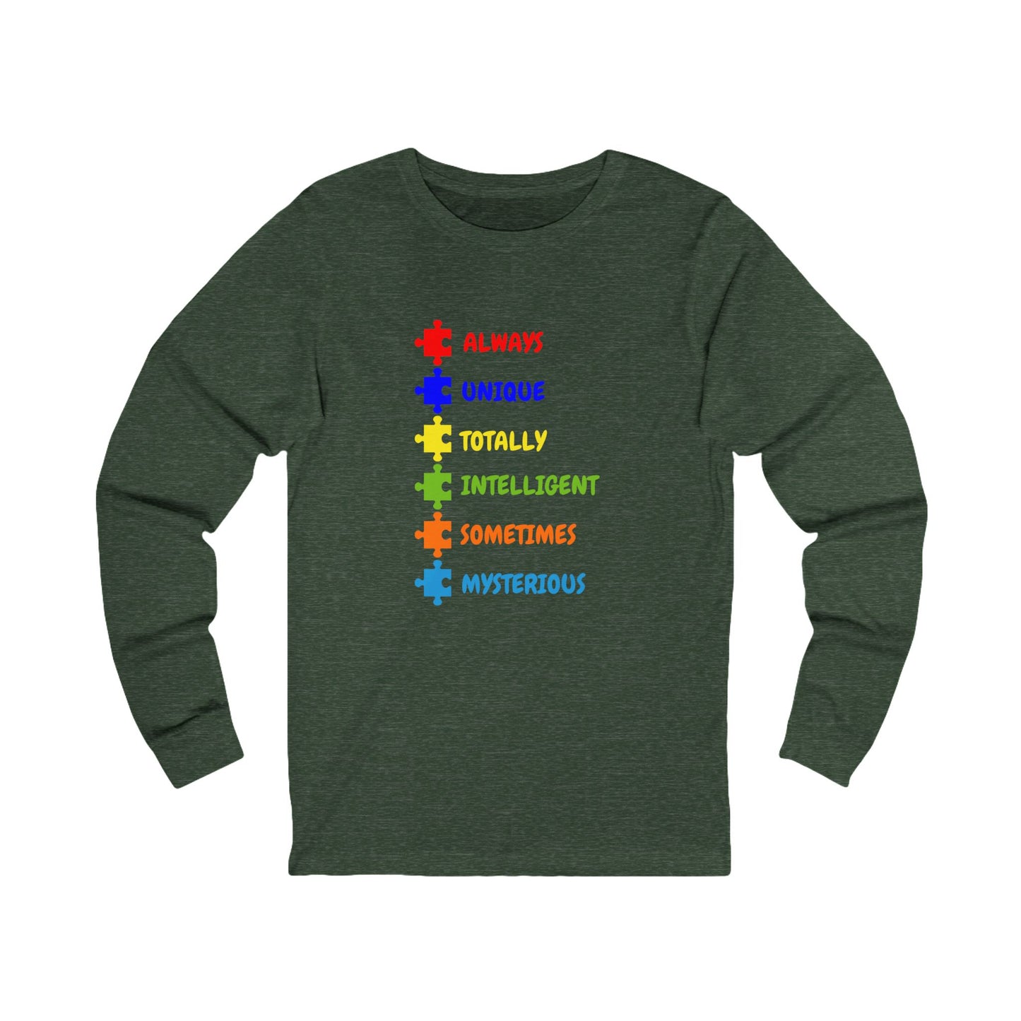 Autism Puzzle Piece Long Sleeve Tee - "Always, Unique, Totally, Intelligent, Sometimes, Mysterious"