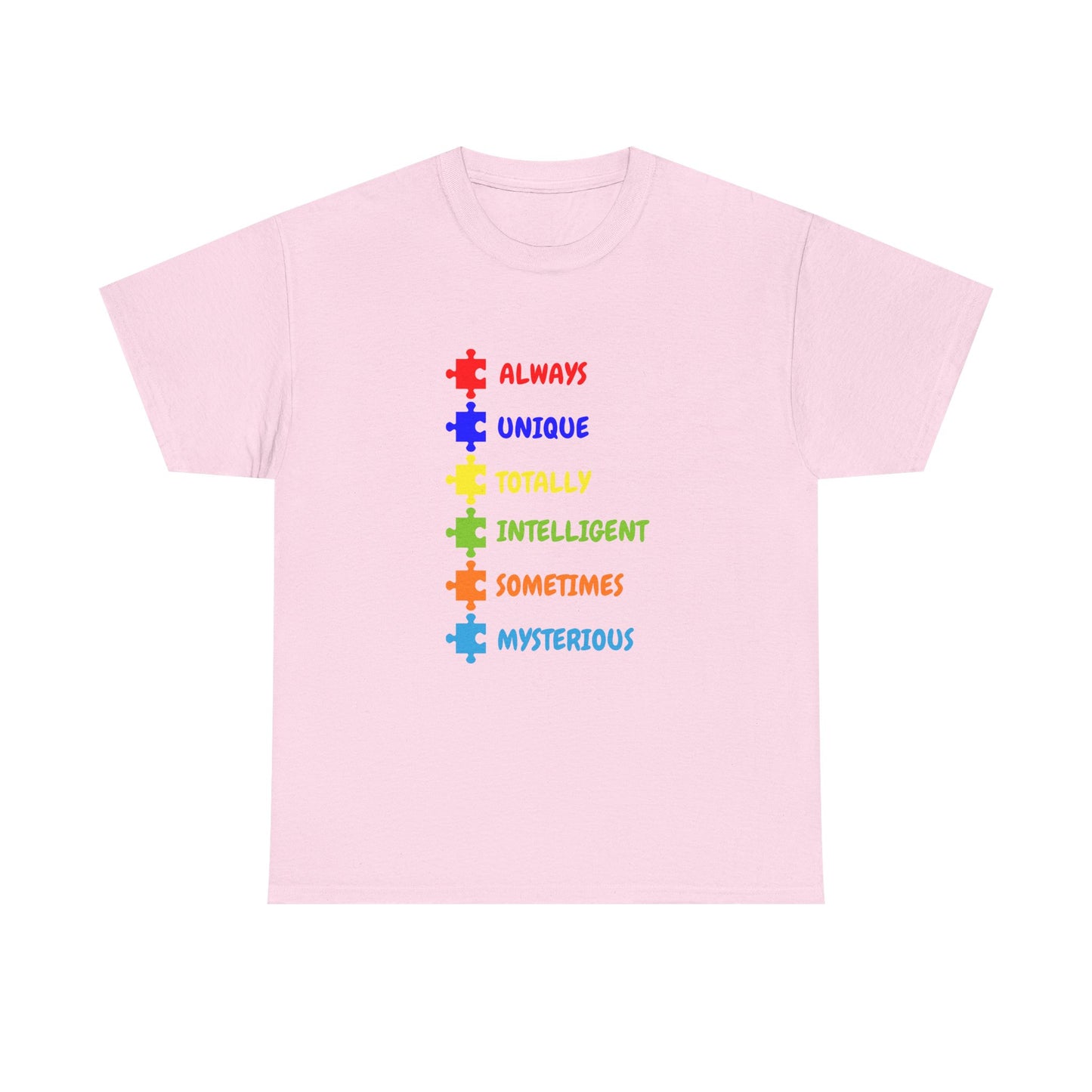 Autism Pride Puzzle Words T-Shirt - "Always Unique Totally Intelligent Sometimes Mysterious"