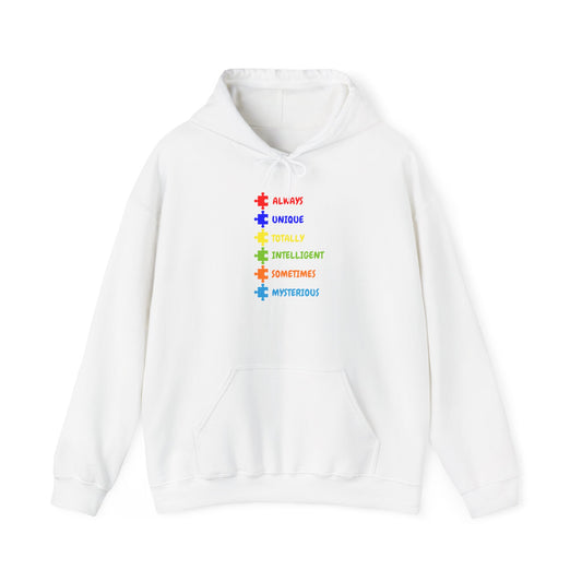 Autism Puzzle Traits Hoodie - "Always, Unique, Intelligent, Sometimes, Mysterious"